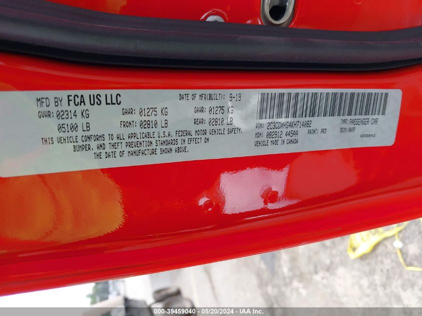 2019 Dodge Charger Gt Rwd VIN: 2C3CDXHG4KH714082 Lot: 39459040