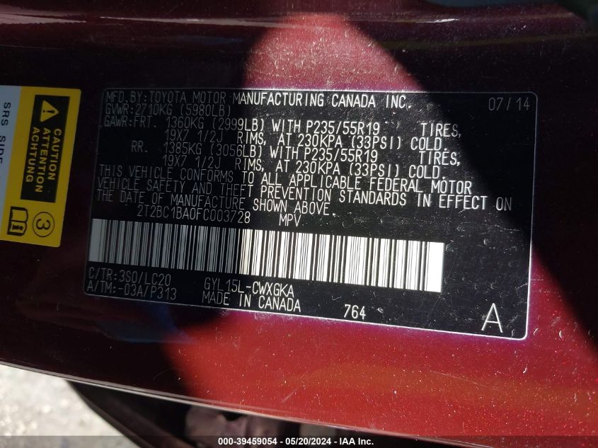 2015 Lexus Rx 450H VIN: 2T2BC1BA0FC003728 Lot: 39459054