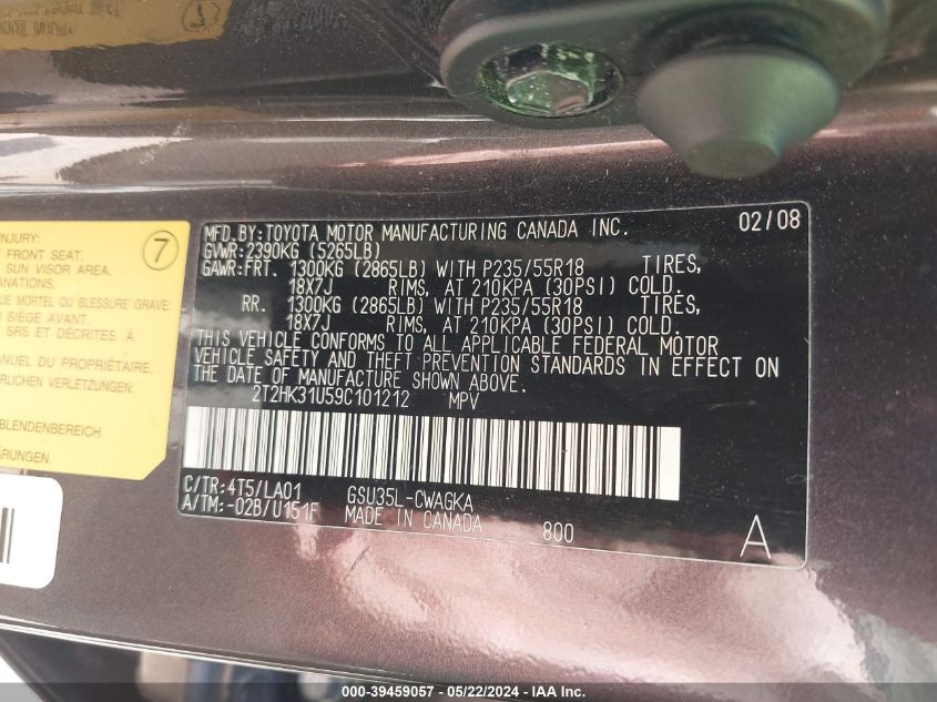 2009 Lexus Rx 350 VIN: 2T2HK31U59C101212 Lot: 39459057