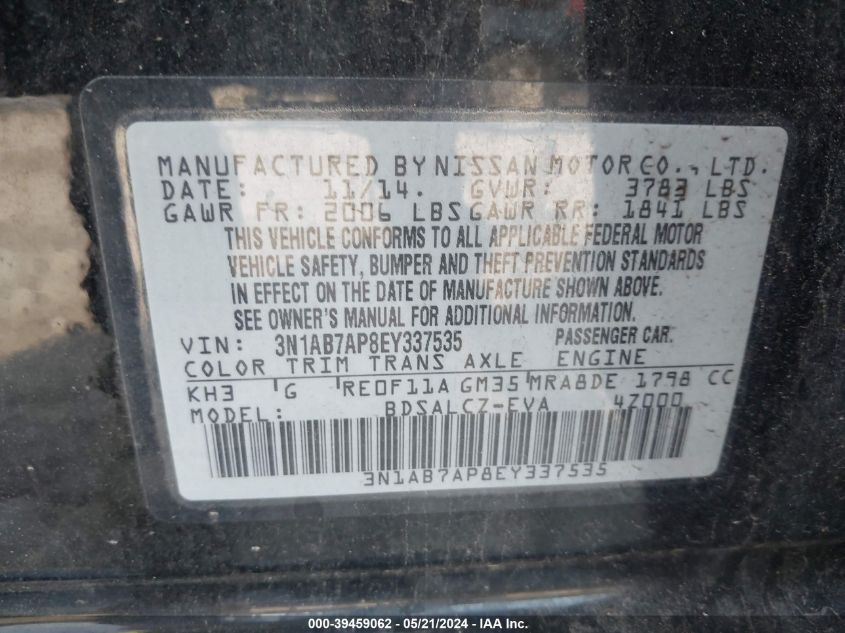 2014 Nissan Sentra S/Sv/Sr/Sl VIN: 3N1AB7AP8EY337535 Lot: 39459062