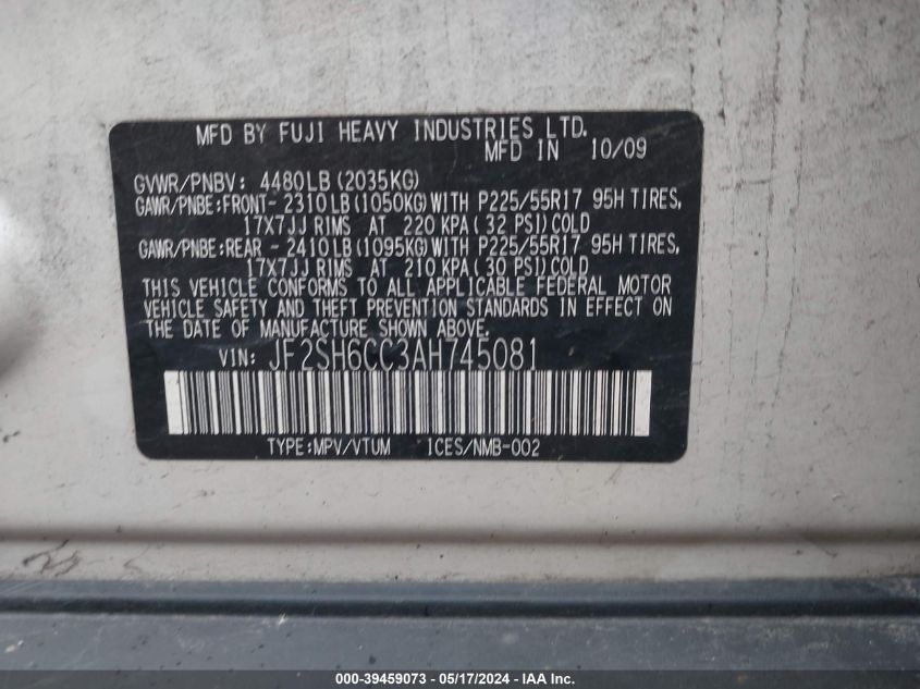 2010 Subaru Forester 2.5X Premium VIN: JF2SH6CC3AH745081 Lot: 39459073