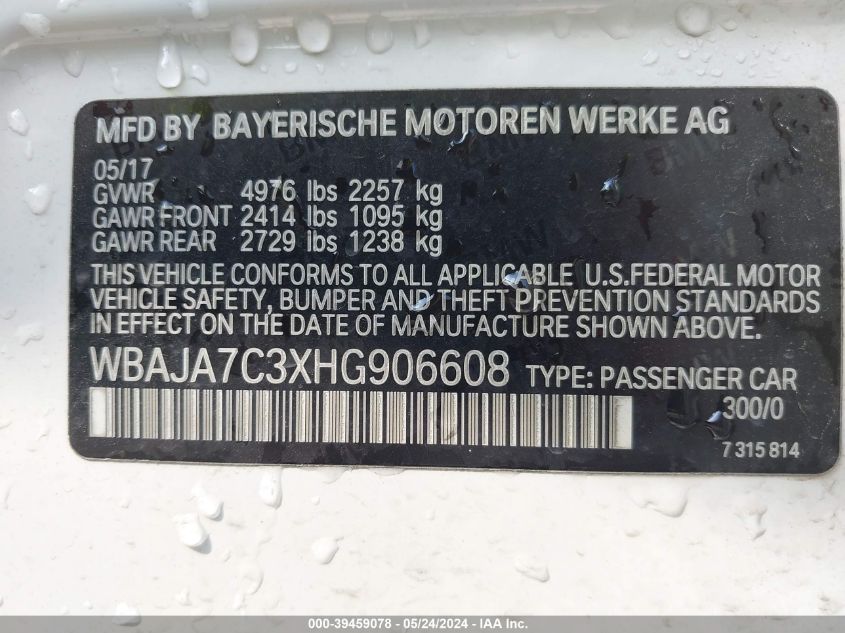 2017 BMW 530I xDrive VIN: WBAJA7C3XHG906608 Lot: 39459078