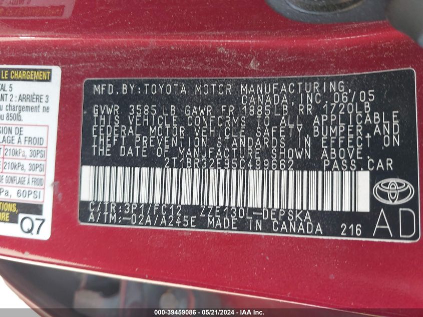 2005 Toyota Corolla S VIN: 2T1BR32E95C499662 Lot: 39459086