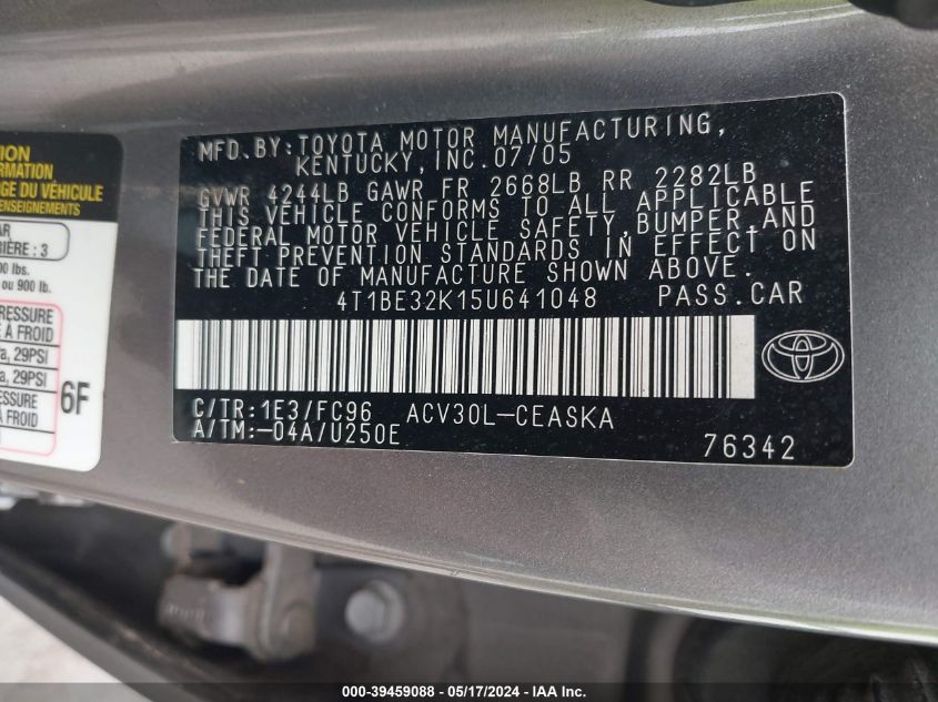 2005 Toyota Camry Se VIN: 4T1BE32K15U641048 Lot: 39459088