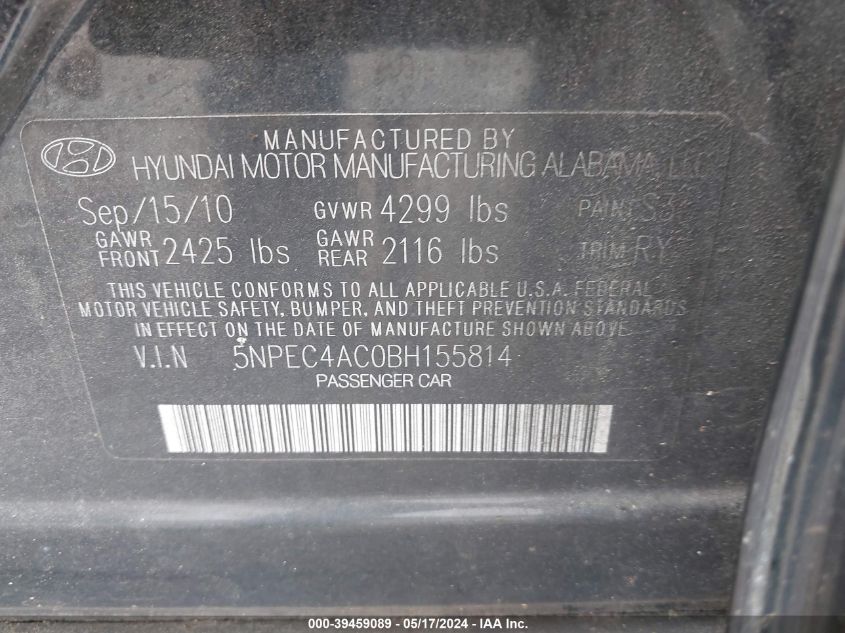 2011 Hyundai Sonata Se VIN: 5NPEC4AC0BH155814 Lot: 39459089