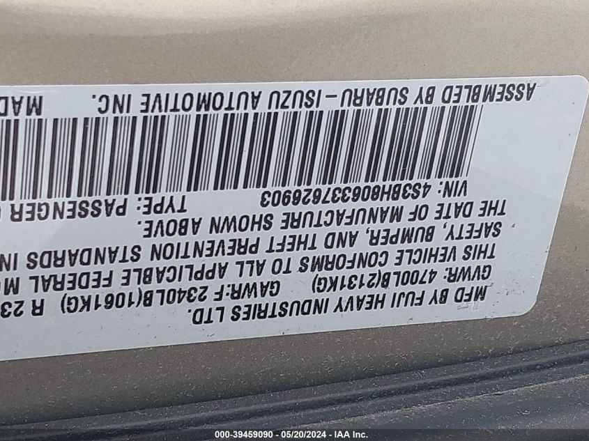 2003 Subaru Outback H6-3.0 L.l. Bean Edition VIN: 4S3BH806337626903 Lot: 39459090