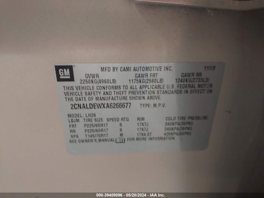 2010 Chevrolet Equinox Lt VIN: 2CNALDEWXA6266677 Lot: 39459096