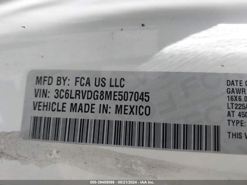 2021 Ram Promaster 2500 High Roof 159 Wb VIN: 3C6LRVDG8ME507045 Lot: 39459098