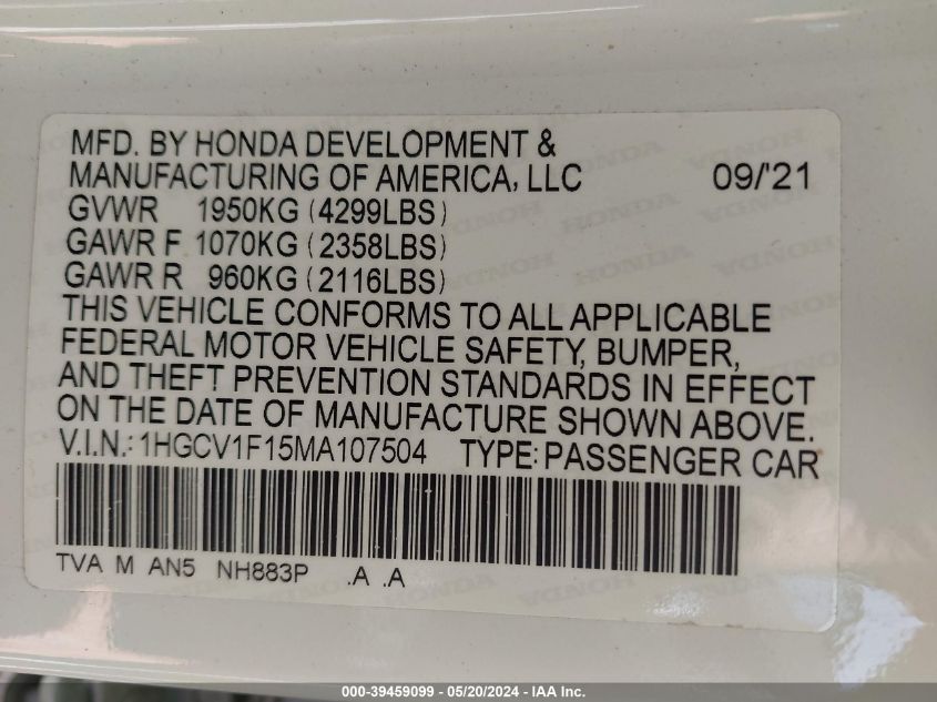 2021 Honda Accord Lx VIN: 1HGCV1F15MA107504 Lot: 39459099