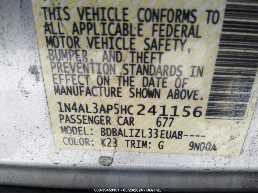 2017 Nissan Altima 2.5 Sv VIN: 1N4AL3AP5HC241156 Lot: 39459101