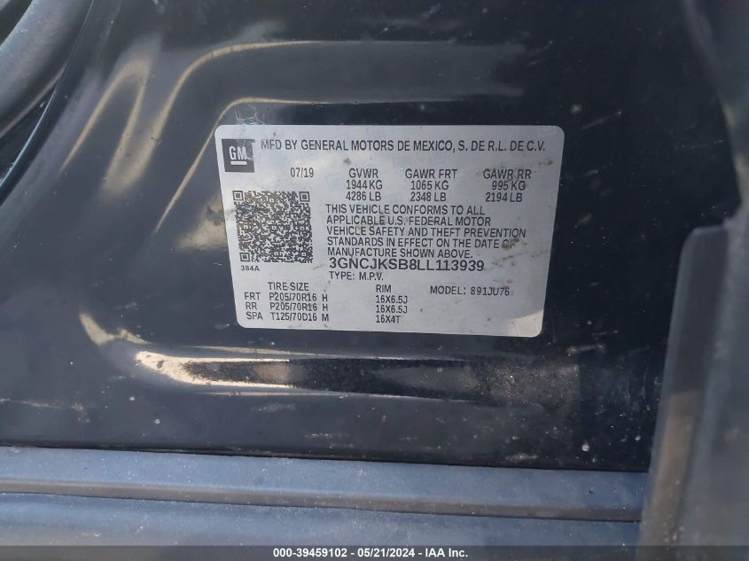 2020 Chevrolet Trax Fwd Ls VIN: 3GNCJKSB8LL113939 Lot: 39459102