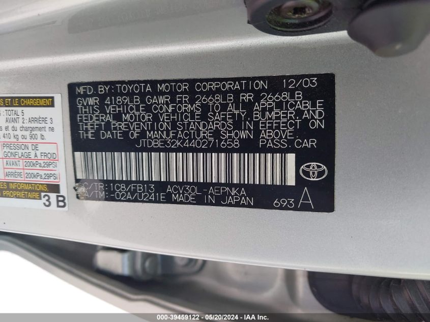 2004 Toyota Camry Le VIN: JTDBE32K440271658 Lot: 39459122