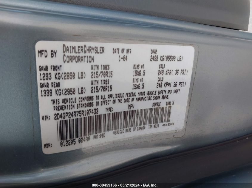 2005 Dodge Grand Caravan Se VIN: 2D4GP24R75R107433 Lot: 39459166