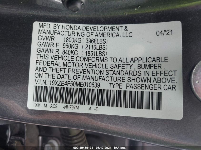 2021 Honda Insight Ex VIN: 19XZE4F50ME010639 Lot: 39459173