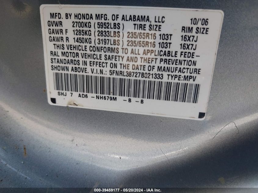 2007 Honda Odyssey Ex-L VIN: 5FNRL38727B021333 Lot: 39459177