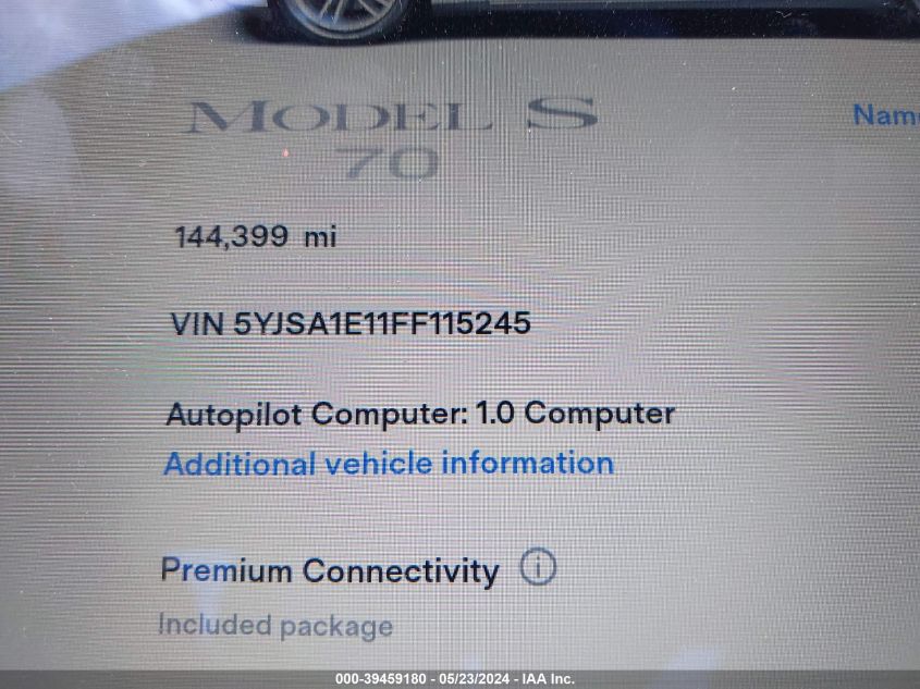 2015 Tesla Model S 60/70/85 VIN: 5YJSA1E11FF115245 Lot: 39459180