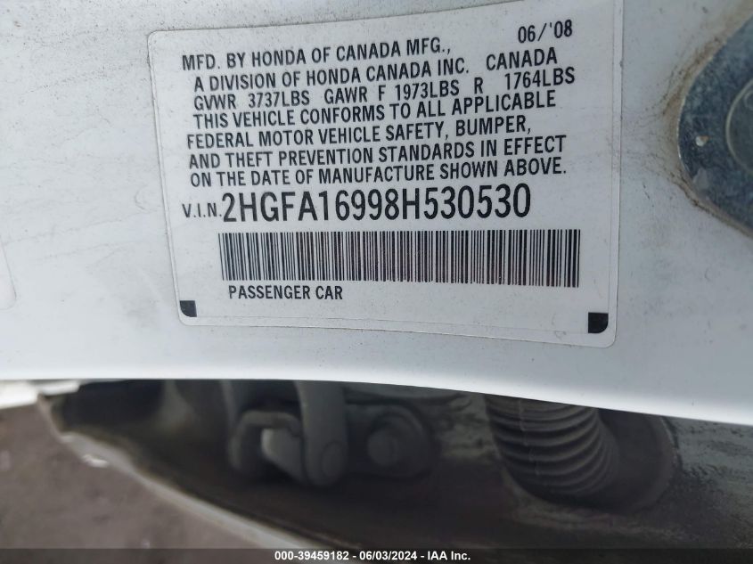 2008 Honda Civic Ex-L VIN: 2HGFA16998H530530 Lot: 39459182