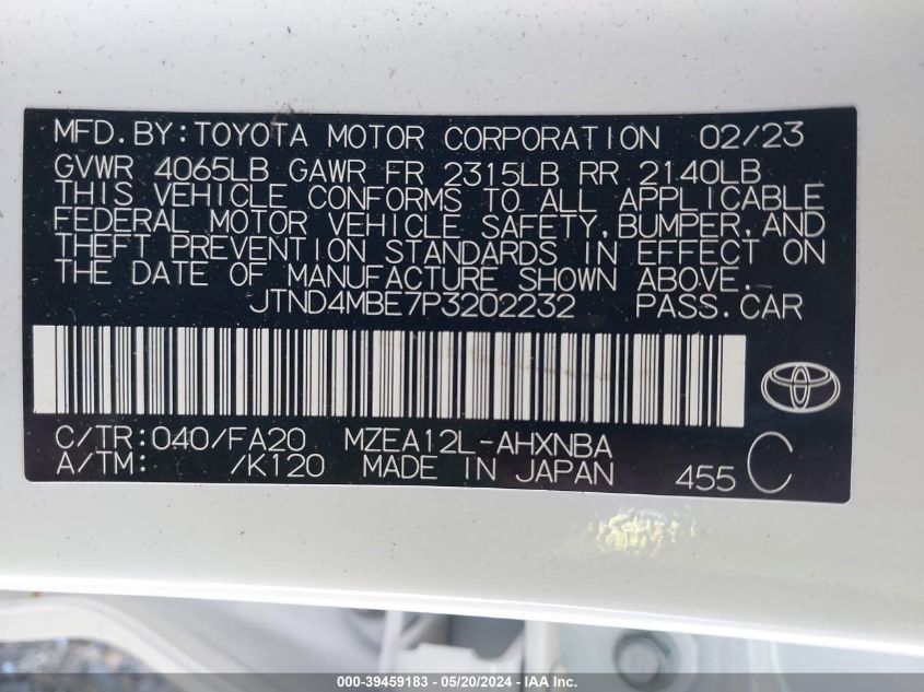 2023 Toyota Corolla Se VIN: JTND4MBE7P3202232 Lot: 39459183