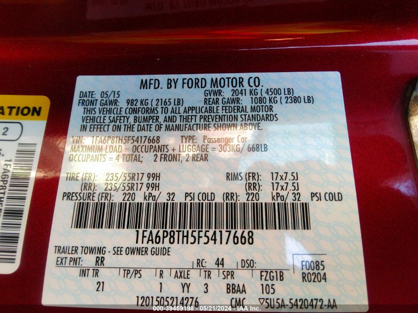 2015 Ford Mustang Ecoboost VIN: 1FA6P8TH5F5417668 Lot: 39459198