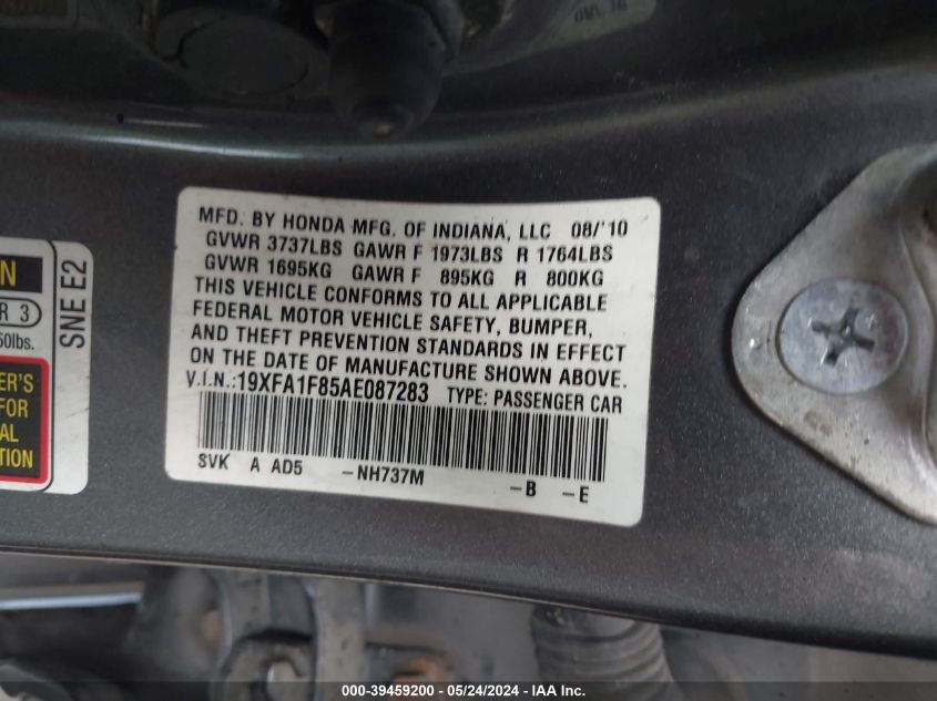 2010 Honda Civic Ex VIN: 19XFA1F85AE087283 Lot: 39459200