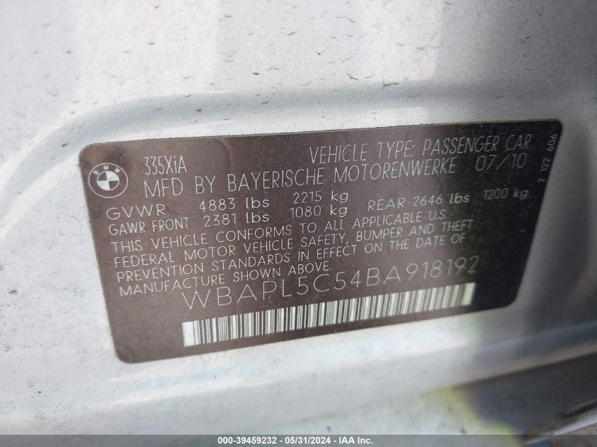 2011 BMW 335I xDrive VIN: WBAPL5C54BA918192 Lot: 39459232