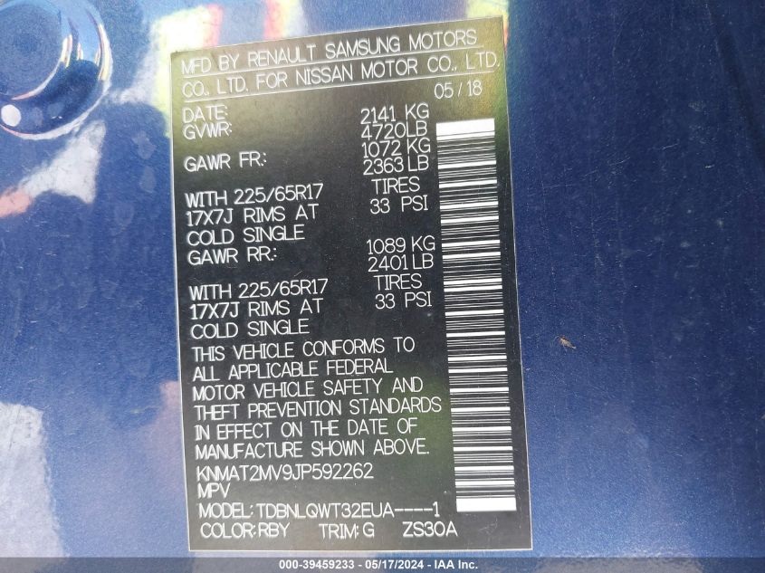 2018 Nissan Rogue Sv VIN: KNMAT2MV9JP592262 Lot: 39459233