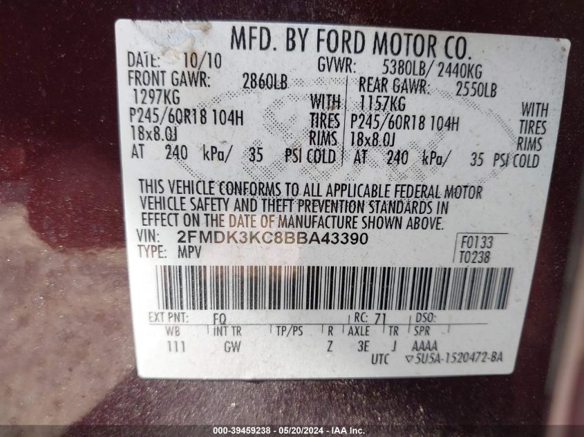 2011 Ford Edge Limited VIN: 2FMDK3KC8BBA43390 Lot: 39459238