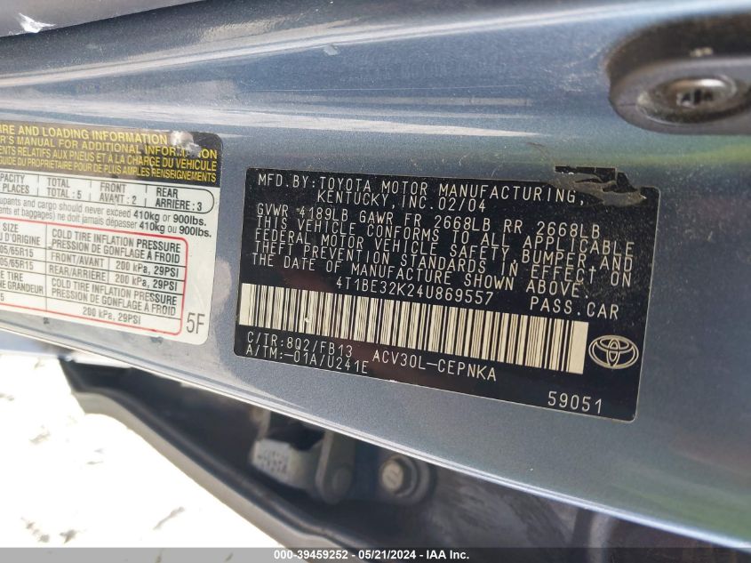 2004 Toyota Camry Le VIN: 4T1BE32K24U869557 Lot: 39459252