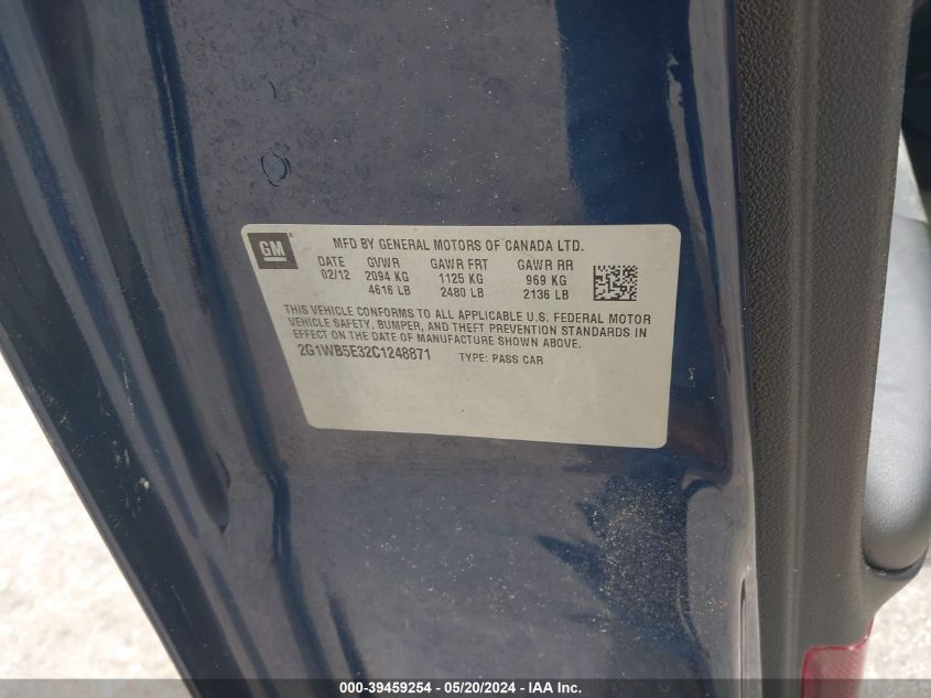 2012 Chevrolet Impala Lt VIN: 2G1WB5E32C1248871 Lot: 39459254