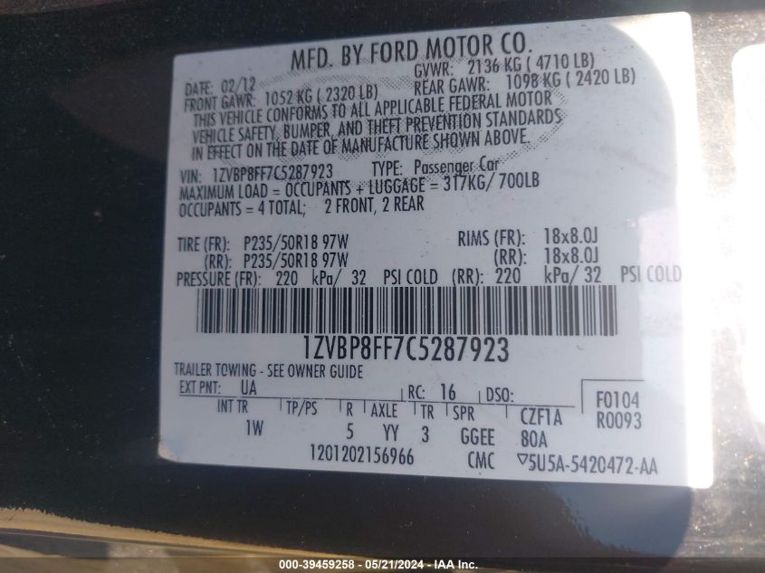 2012 Ford Mustang Gt VIN: 1ZVBP8FF7C5287923 Lot: 39459258