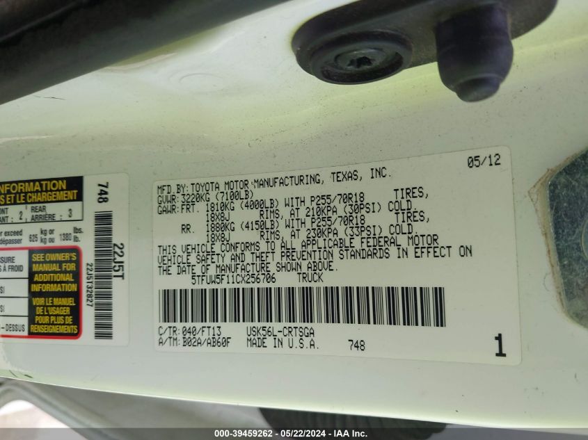 2012 Toyota Tundra Grade 5.7L V8 VIN: 5TFUW5F11CX256706 Lot: 39459262