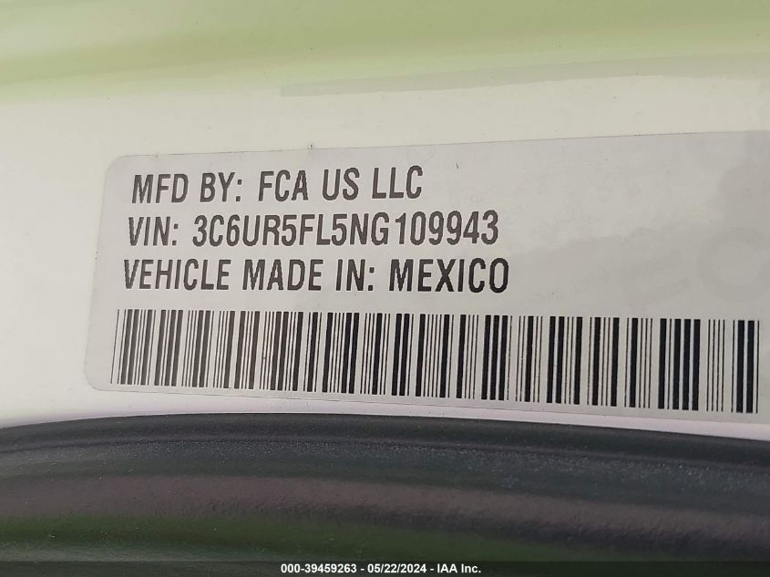 2022 Ram 2500 Laramie 4X4 6'4 Box VIN: 3C6UR5FL5NG109943 Lot: 39459263