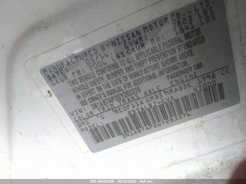 2016 Nissan Sentra S VIN: 3N1AB7AP2GY283376 Lot: 39459269