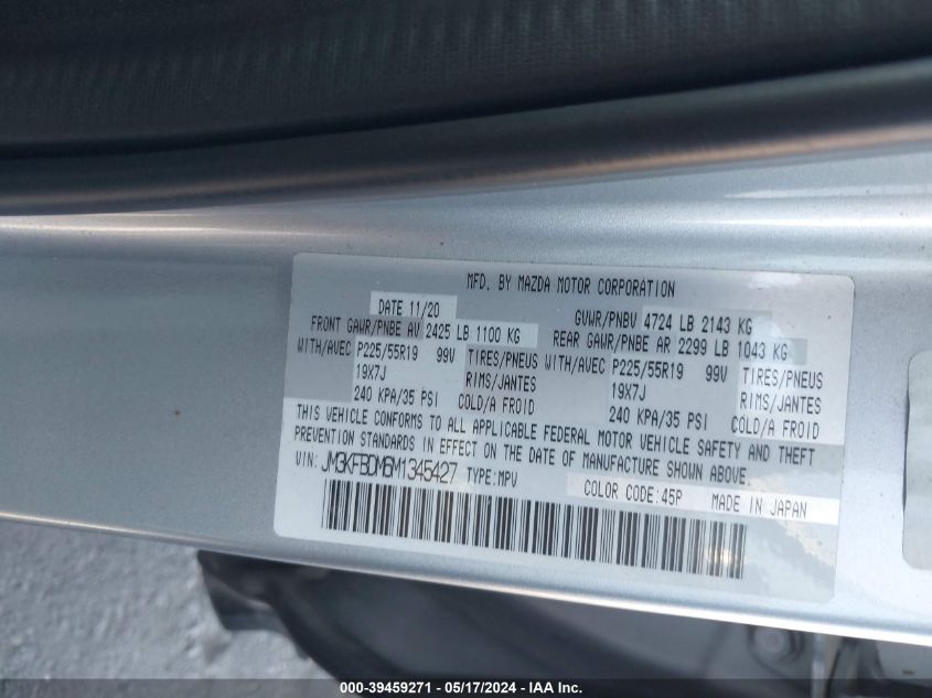 2021 Mazda Cx-5 Grand Touring VIN: JM3KFBDM6M1345427 Lot: 39459271