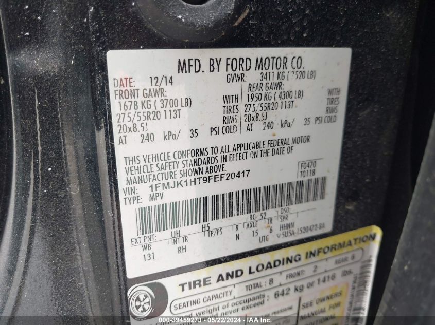 2015 Ford Expedition El King Ranch VIN: 1FMJK1HT9FEF20417 Lot: 39459273
