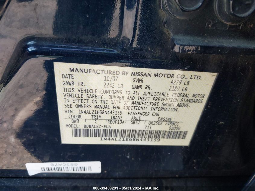2008 Nissan Altima 2.5/2.5S VIN: 1N4AL21E68N443159 Lot: 39459291