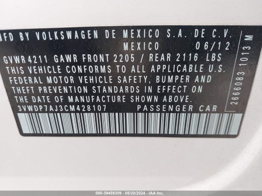 2012 Volkswagen Jetta 2.5L Se VIN: 3VWDP7AJ3CM428107 Lot: 39459309