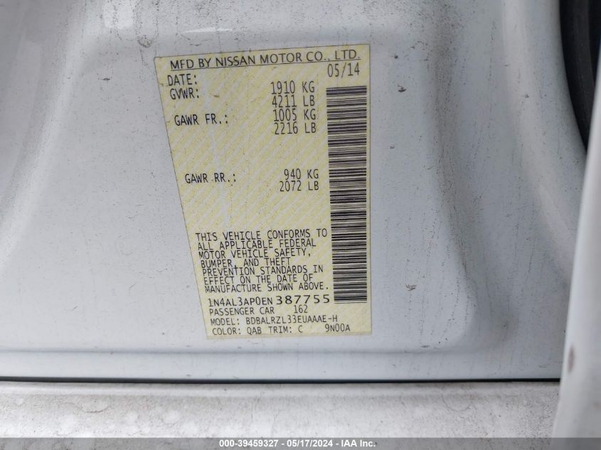 2014 Nissan Altima 2.5 S VIN: 1N4AL3AP0EN387755 Lot: 39459327