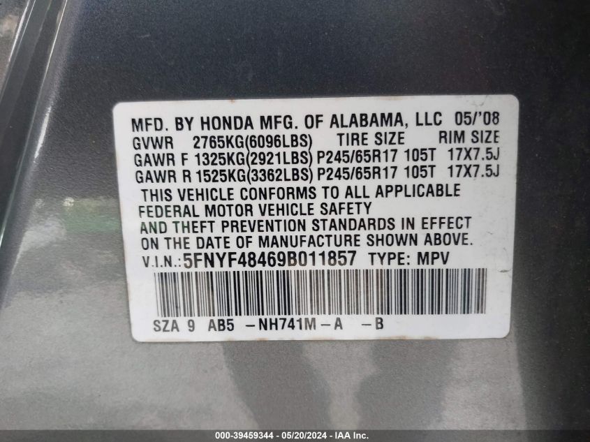2009 Honda Pilot Ex VIN: 5FNYF48469B011857 Lot: 39459344