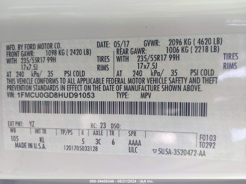 2017 Ford Escape Se VIN: 1FMCU0GD8HUD91053 Lot: 39459346