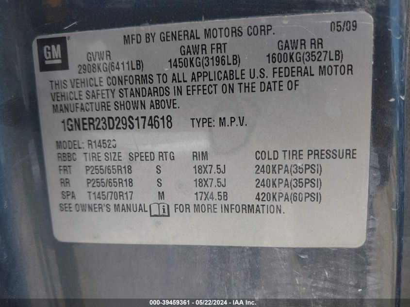 2009 Chevrolet Traverse Lt VIN: 1GNER23D29S174618 Lot: 39459361