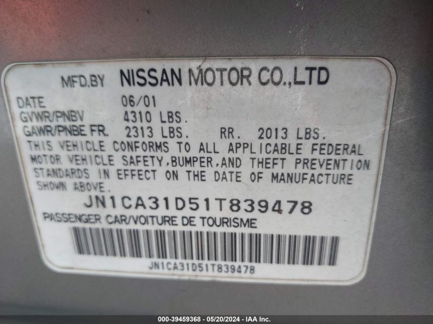 2001 Nissan Maxima Se VIN: JN1CA31D51T839478 Lot: 39459368