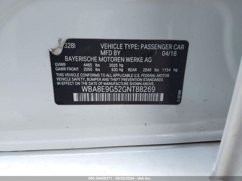 2016 BMW 328I VIN: WBA8E9G52GNT88269 Lot: 39459371