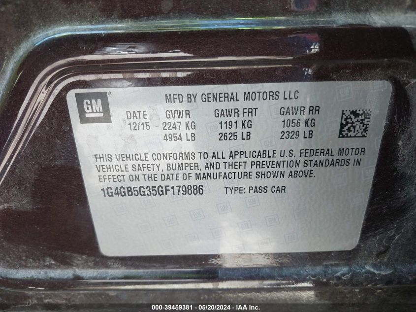 2016 Buick Lacrosse Leather VIN: 1G4GB5G35GF179886 Lot: 39459381