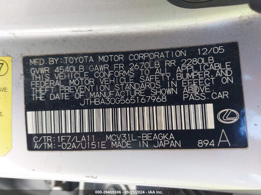 2006 Lexus Es 330 VIN: JTHBA30G565167968 Lot: 39459386