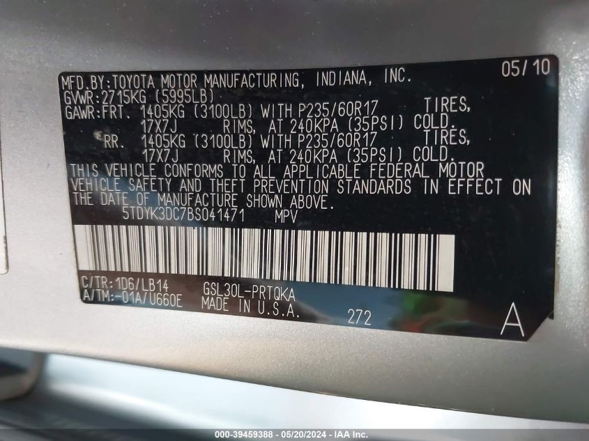 2011 Toyota Sienna Xle V6 VIN: 5TDYK3DC7BS041471 Lot: 39459388