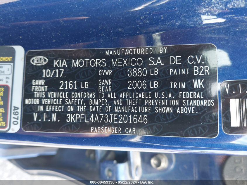2018 Kia Forte S VIN: 3KPFL4A73JE201646 Lot: 39459398