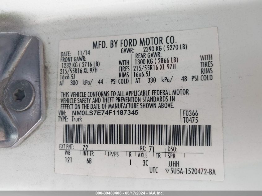 2015 Ford Transit Connect Xl VIN: NM0LS7E74F1187345 Lot: 39459405