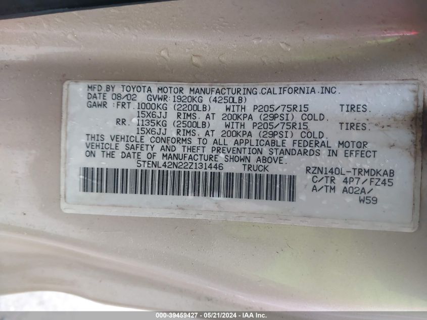 2002 Toyota Tacoma Base (M5) VIN: 5TENL42N22Z131446 Lot: 39459427