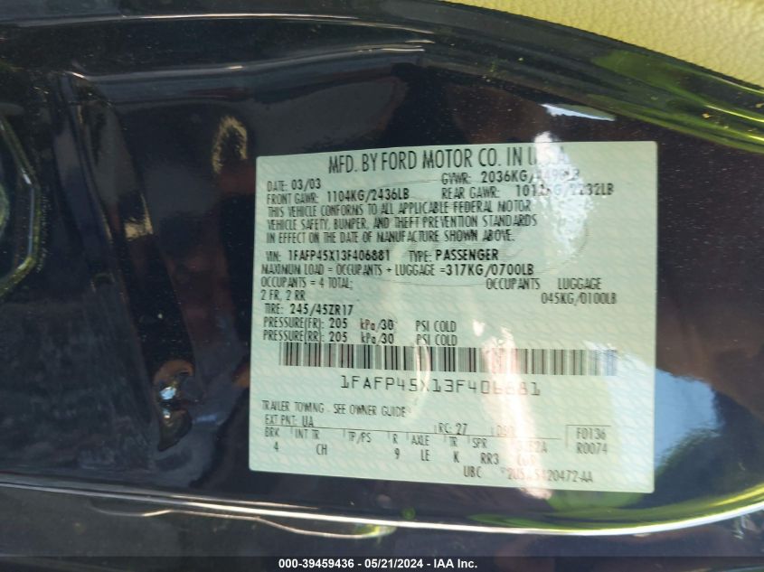 2003 Ford Mustang Gt VIN: 1FAFP45X13F406881 Lot: 39459436